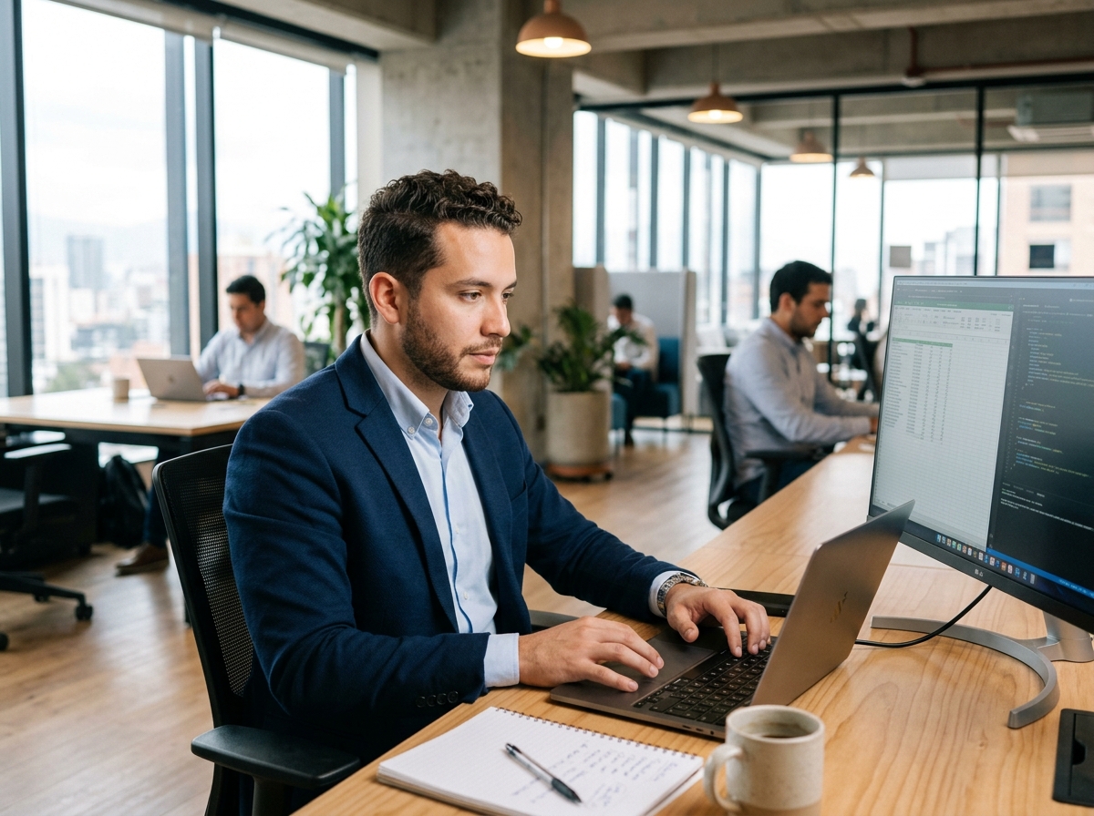 A professional working at a laptop in a quiet office